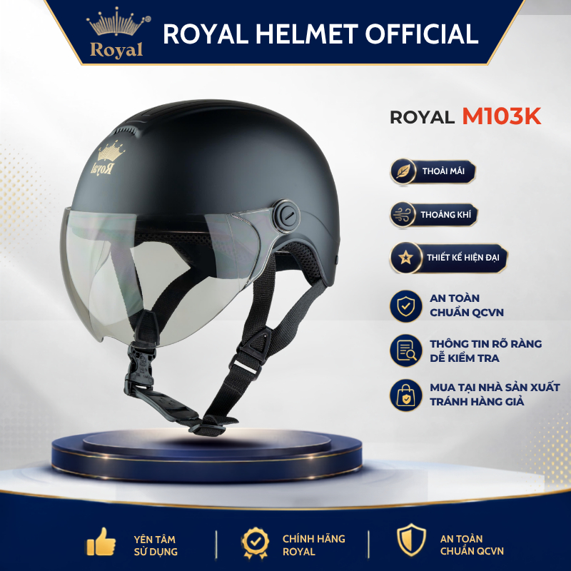 Mũ Bảo Hiểm Nửa Đầu Royal M103K Có Kính Chính Hãng Cho Nam Nữ, Nón Bảo Hiểm 1/2 Cao Cấp