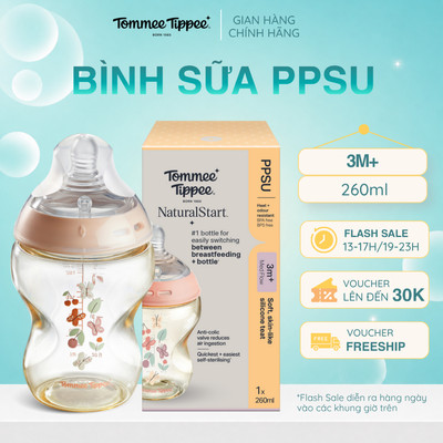 Bình Sữa PPSU Ty Siêu Mềm Tự Nhiên Tommee Tippee Natural Start 260ml, Núm Ty Của Bình 3-6 Tháng, Hoạ Tiết Hồng