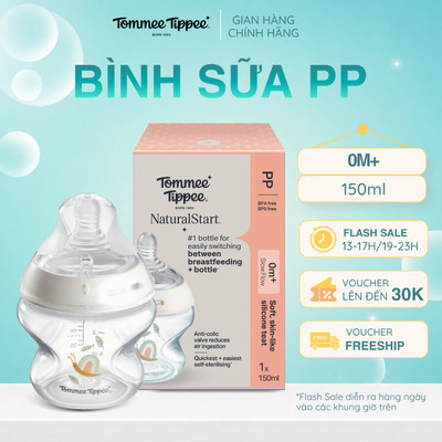 Bình Sữa PP Ty Siêu Mềm Tự Nhiên Tommee Tippee Natural Start 150ml, Núm Ty Của Bình 0-3 Tháng - Hoạ Tiết