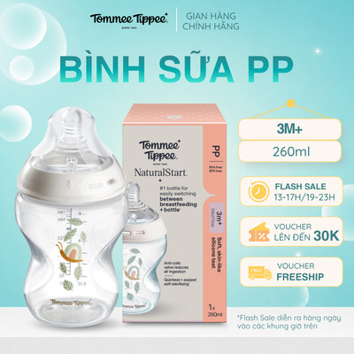 Bình Sữa PP Ty Siêu Mềm Tự Nhiên Tommee Tippee Natural Start 260ml, Núm Ty Của Bình 3-6 Tháng - Hoạ Tiết
