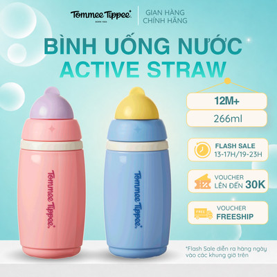 Bình Uống Nước Giữ Nhiệt Có Ống Hút Chống Tràn, Chống Sặc Tommee Tippee ACTIVE STRAW, 266ml, Cho Bé Từ 12 Tháng