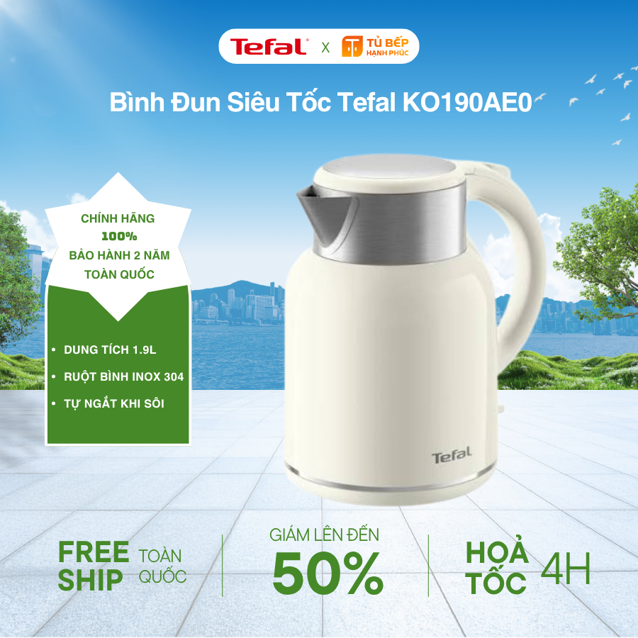 Bình Đun Siêu Tốc Tefal KO190AE0 1.9L - Ruột bình inox 304 | Đế tiếp điện Strix | Tự ngắt khi sôi