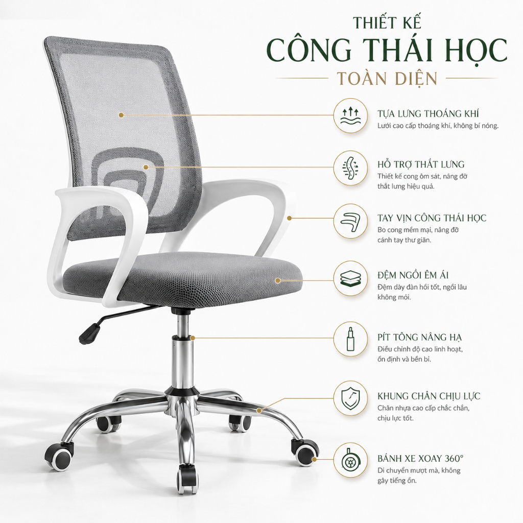 IB Ghế công thái học Lưng lưới thoáng khí Tay vịn êm ái Xoay 360 độ Nâng hạ linh hoạt Văn phòng | BigBuy360 - bigbuy360.vn