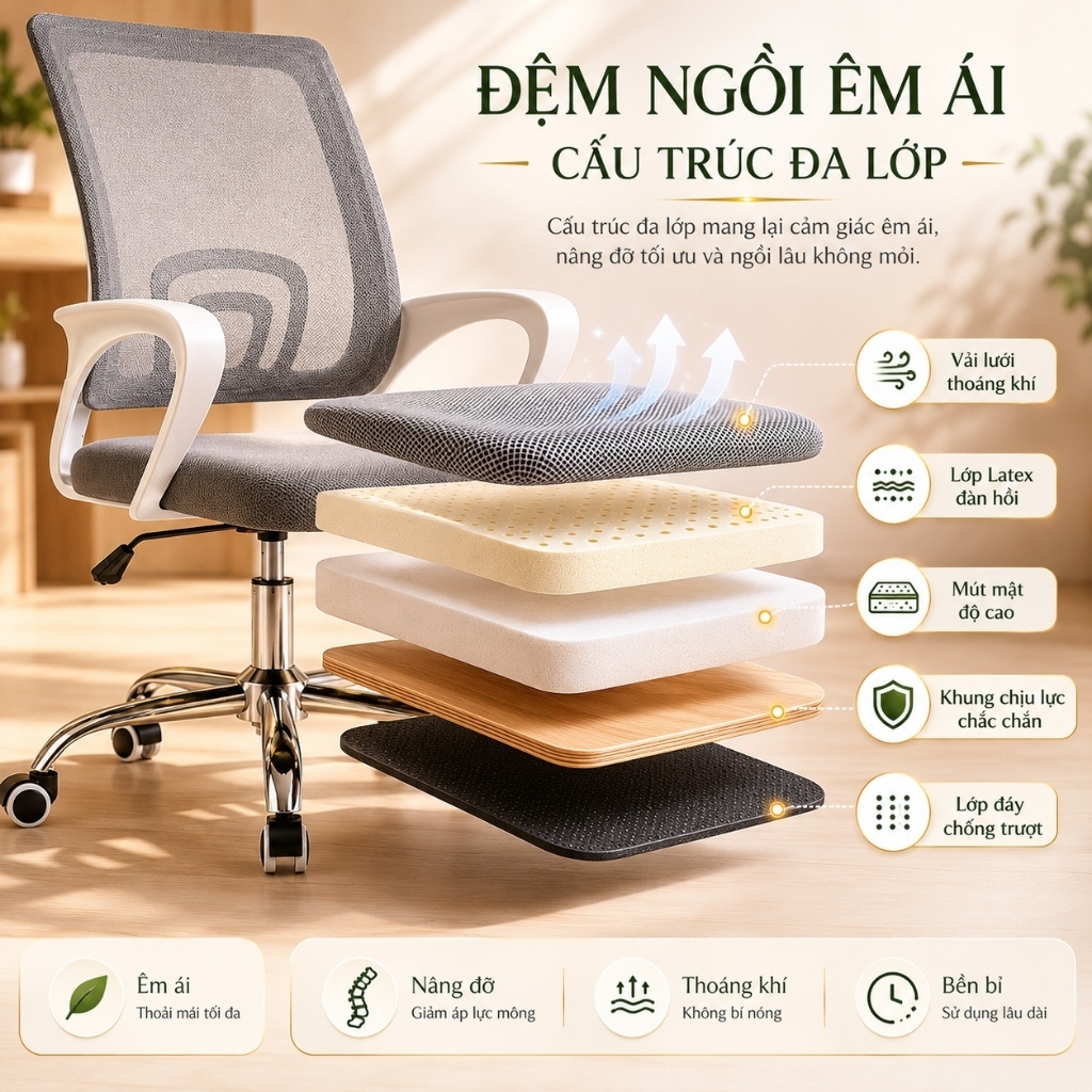 IB Ghế công thái học Lưng lưới thoáng khí Tay vịn êm ái Xoay 360 độ Nâng hạ linh hoạt Văn phòng | BigBuy360 - bigbuy360.vn