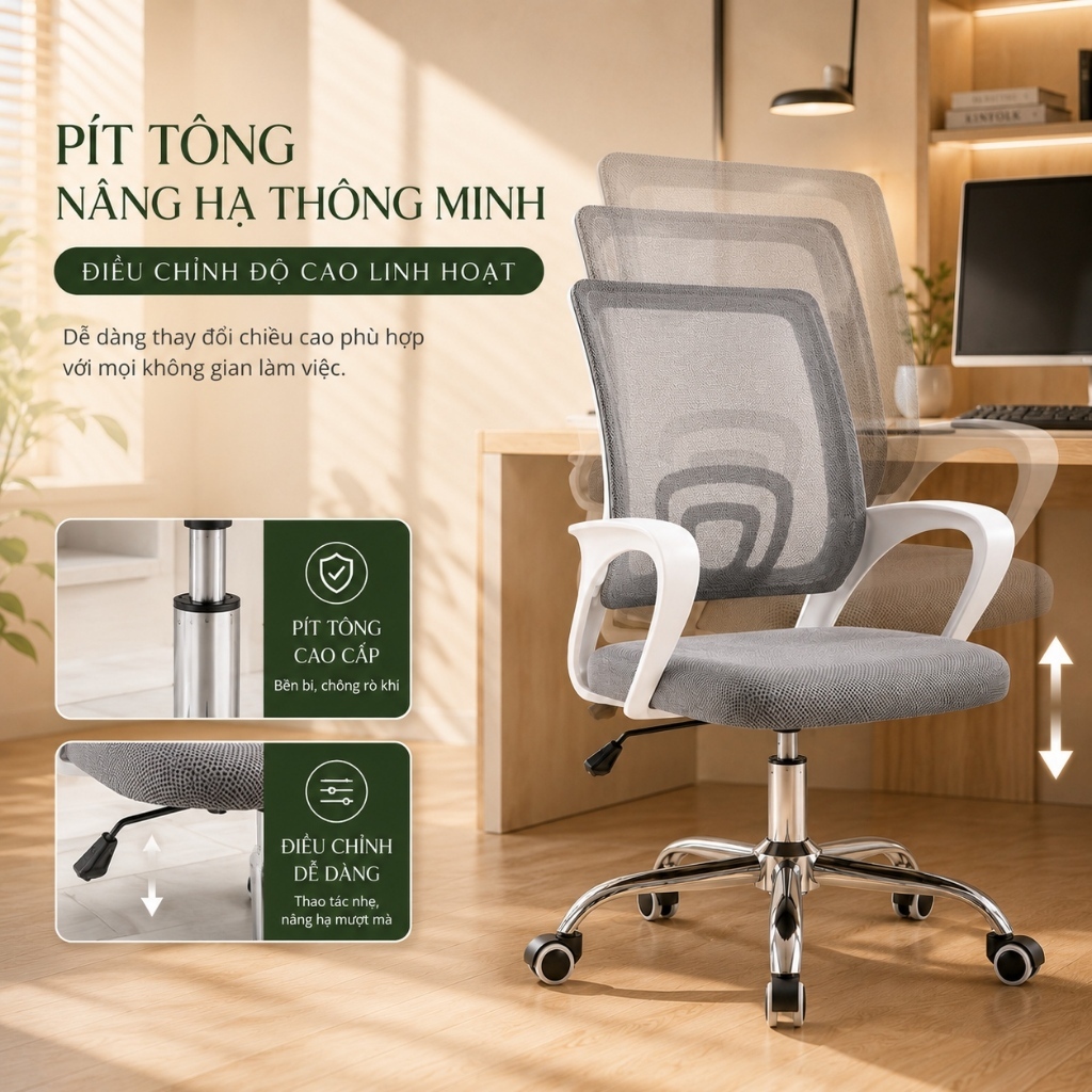 IB Ghế công thái học Lưng lưới thoáng khí Tay vịn êm ái Xoay 360 độ Nâng hạ linh hoạt Văn phòng | BigBuy360 - bigbuy360.vn