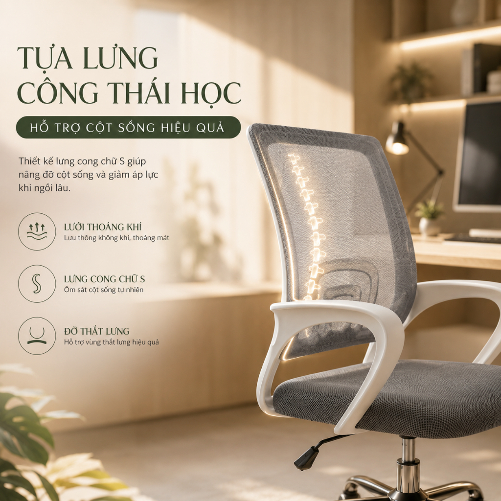 IB Ghế công thái học Lưng lưới thoáng khí Tay vịn êm ái Xoay 360 độ Nâng hạ linh hoạt Văn phòng | BigBuy360 - bigbuy360.vn