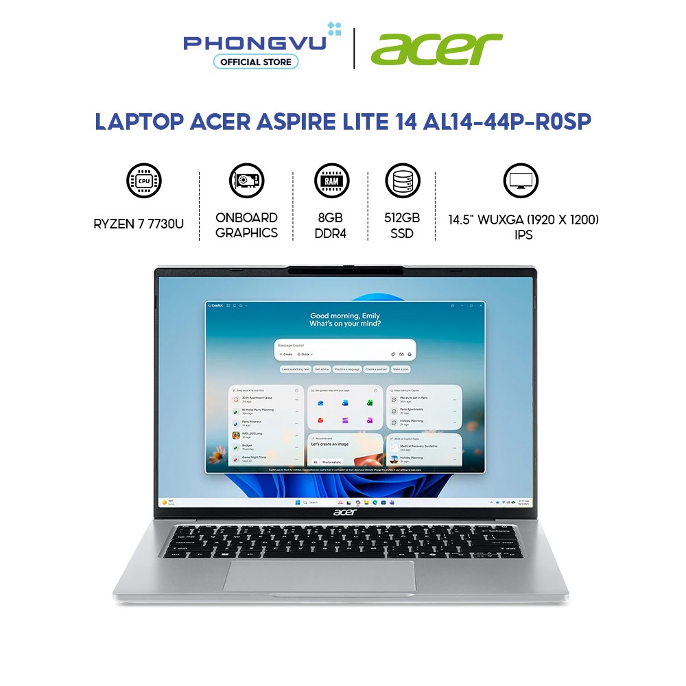 Laptop Acer Aspire Lite 14 AL14-44P-R0SP (Ryzen 7 7730U/ 8GB/ 512GB/ Windows 11 Home SL) - Bảo hành 