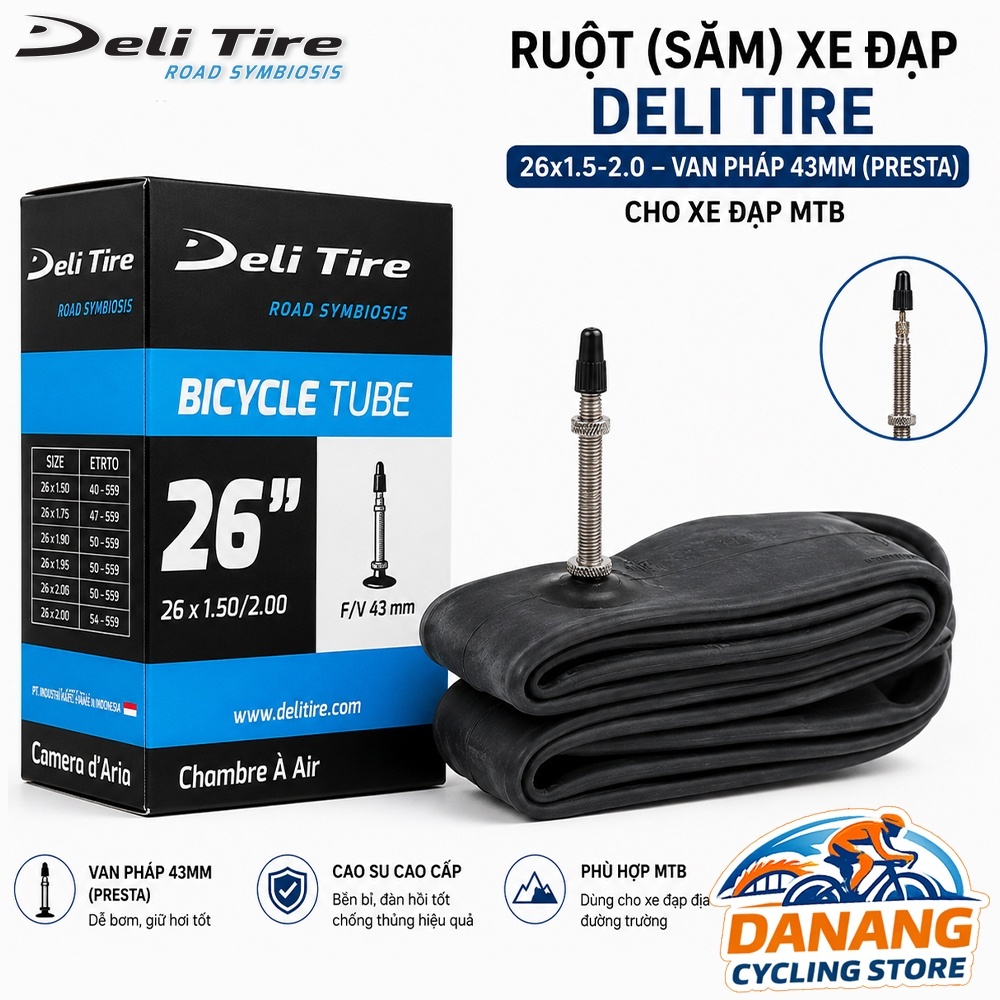 Ruột (Săm) Xe Đạp Deli Tire 26×1.5-2.0 – Van Pháp Xe Đạp 43mm (Presta) Cho Xe Đạp MTB