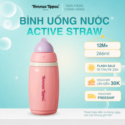 Bình Uống Nước Giữ Nhiệt Có Ống Hút Chống Tràn, Chống Sặc Tommee Tippee ACTIVE STRAW, 266ml, Cho Bé Từ 12 Tháng – Hồng