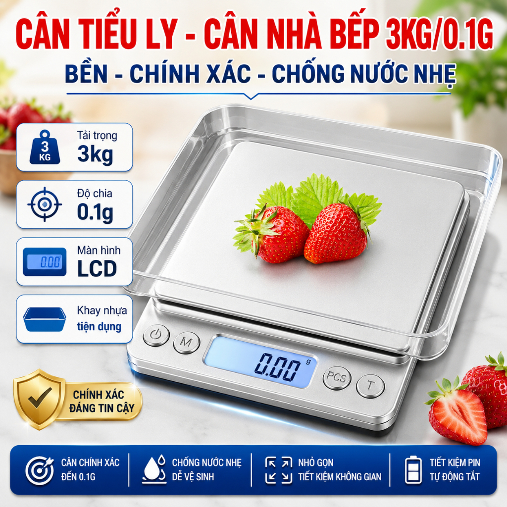 Cân Tiểu Ly Điện Tử - Cân Tiểu Ly Điện Tử Nhà Bếp - Chính Xác 3Kg, Nhỏ Gọn, Chống Nước