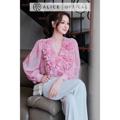 Set Đồ Tiểu Thư Alice Áo Chất Tơ Cổ Bèo Dập Ly Eo Chun Phối Quần Ống Rộng Chất Chéo Hàn Sang Chảnh S1109