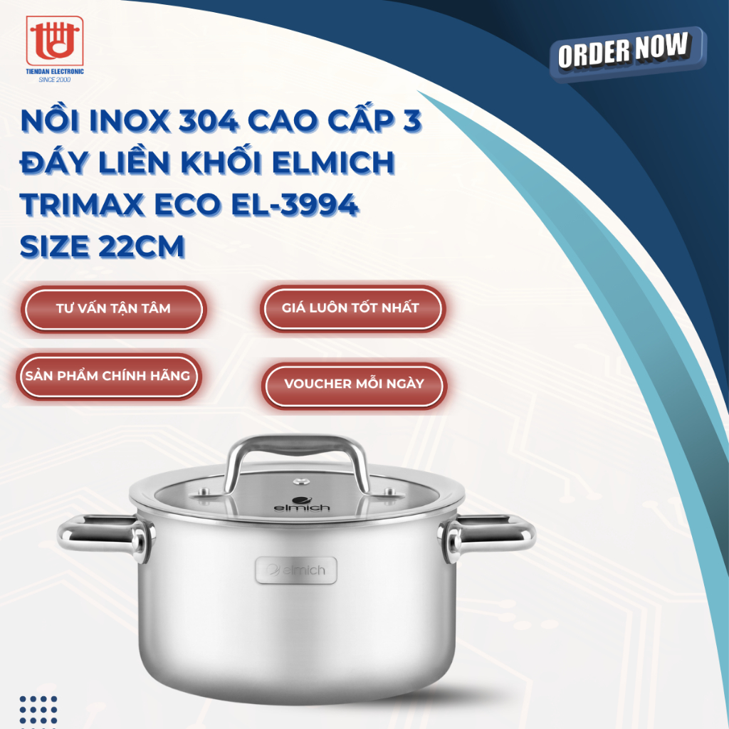 Elmich Nồi inox 304 cao cấp 3 đáy liền khối Trimax ECO EL-3994 - 22cm