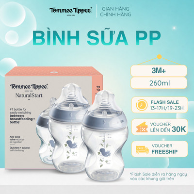 Bình Sữa PP Ty Siêu Mềm Tự Nhiên Tommee Tippee Natural Start 260ml, Núm Ty Của Bình 3-6 Tháng, Xanh (Bình Đôi, Tách Lẻ)