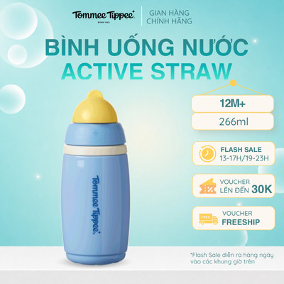 Bình Uống Nước Giữ Nhiệt Có Ống Hút Chống Tràn, Chống Sặc Tommee Tippee ACTIVE STRAW, 266ml, Cho Bé Từ 12 Tháng – Xanh