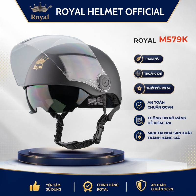 Mũ Bảo Hiểm Royal Nửa Đầu Chính Hãng M579K Kính Che Chắn Tốt, Nón Bảo Hiểm Royal Hợp Nam Nữ Tiện Lợi