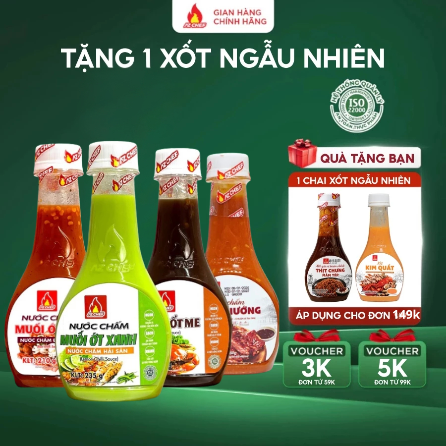 Combo 4 chai xốt chấm thần thánh bữa cơm gia đình chấm thịt nướng, hải sản lẩu vị chua ngọt AZCHEF