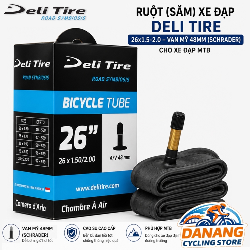 Ruột (Săm) Xe Đạp Deli Tire 26x1.5-2.0 – Van Mỹ Xe Máy 48mm (Schrader) Cho Xe Đạp MTB