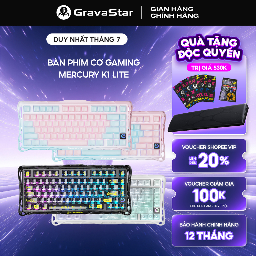 Bàn phím cơ Gaming Gravastar Mercury K1 Lite - 3 mode kết nối, Hot Swap, Linear Switch, Bảo hành 12 