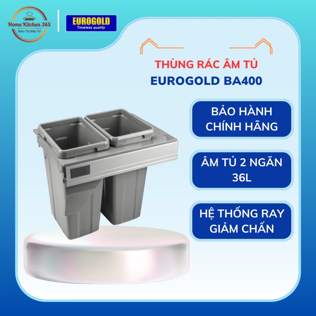 Thùng Rác Âm Tủ Bếp Eurogold BA400 Kéo Ray Trượt Êm Ái Sang Trọng Tiện Lợi