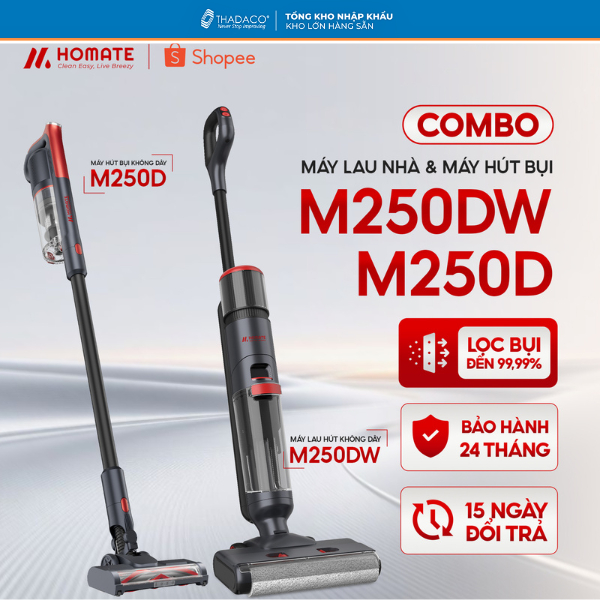 [ COMBO SỐC ] Máy Lau Nhà Homate M250DW + Máy Hút Bụi Homate M250D, sử dụng Hepa lọc bụi sạch 99.9%