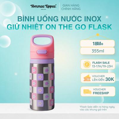 Bình Uống Nước Inox Giữ Nhiệt Tommee Tippee  On-The-Go Flask, 355ml Cho Bé Từ 18 Tháng - Hồng