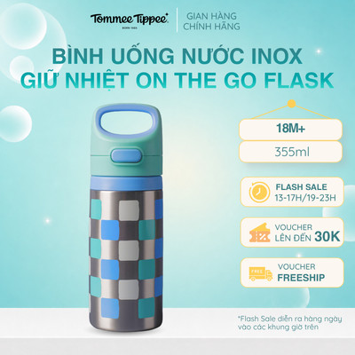 Bình Uống Nước Inox Giữ Nhiệt Tommee Tippee  On-The-Go Flask, 355ml Cho Bé Từ 18 Tháng - Xanh