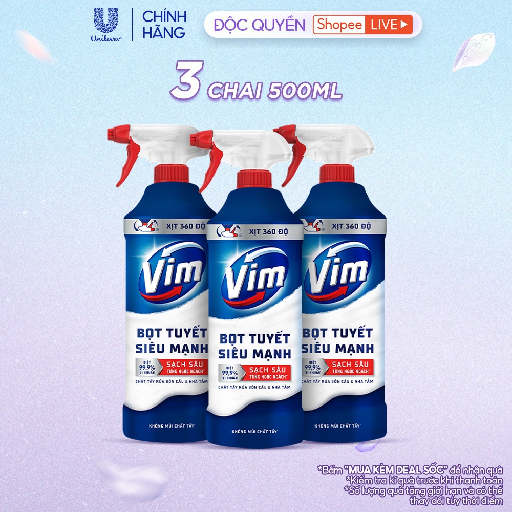 [Live] Combo 3 Chai Bọt Tuyết Siêu Mạnh Tẩy Bồn Cầu và Nhà Vệ Sinh Vim | Diệt 99,9% Vi Khuẩn (500ml)