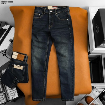Quần jean nam HEBOZ dáng slim trơn D44, quần dài denim cotton co giãn bền màu tôn dáng - 00003274