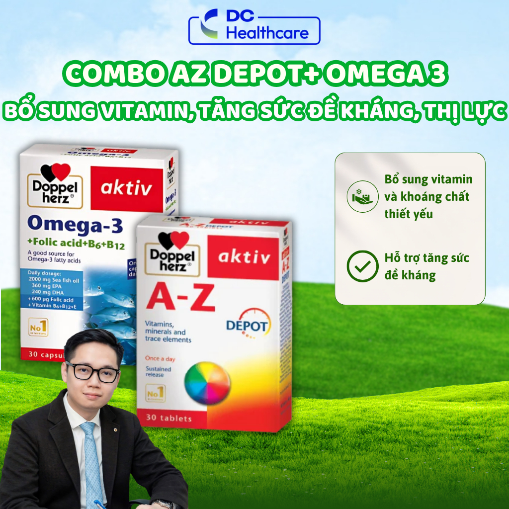 [COMBO] AZ Depot & Omega 3 Doppelherz - Vitamin Tổng Hợp, Tăng Đề Kháng, Hỗ Trợ Thị Lực