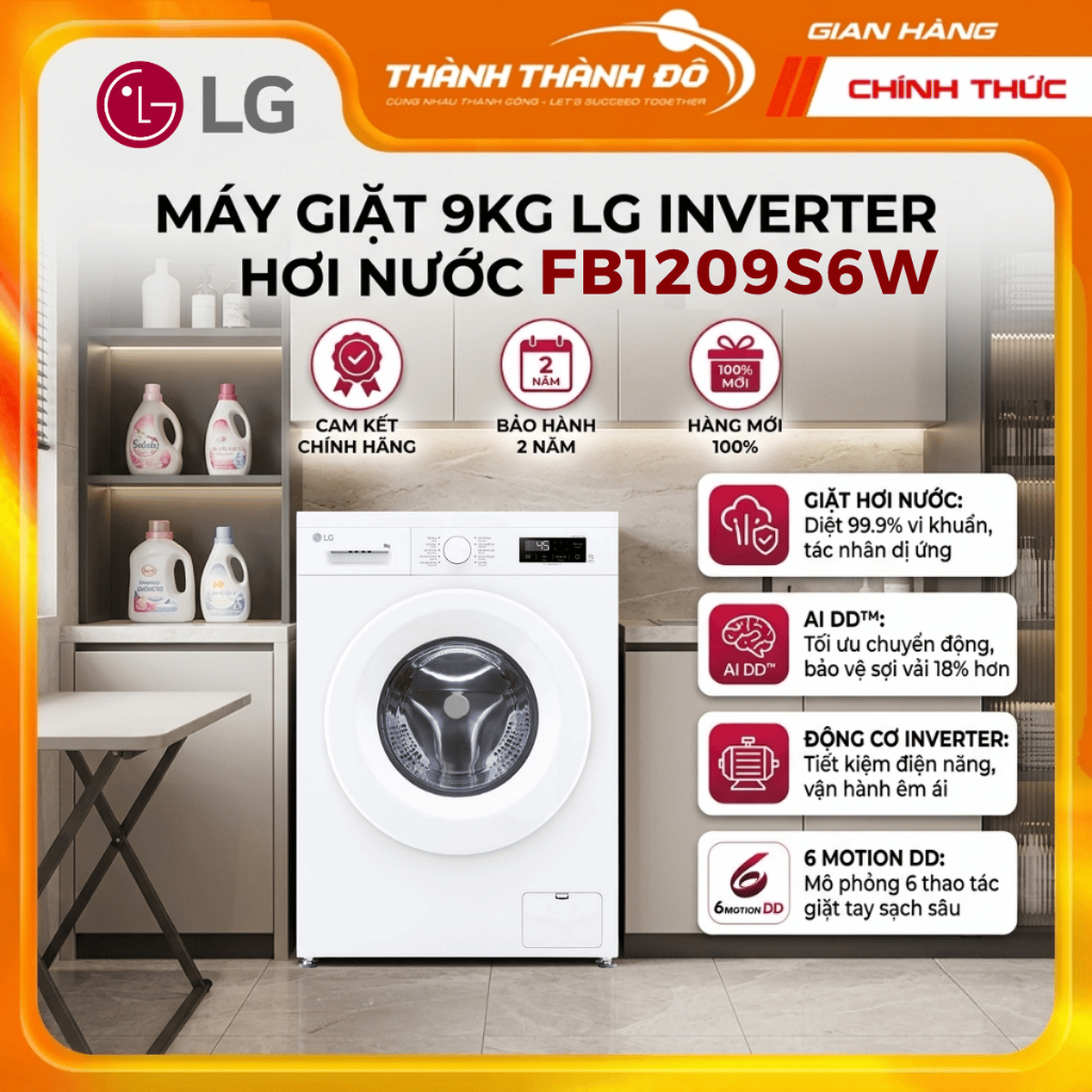 [CHÍNH HÃNG] Máy giặt lồng ngang 9kg LG Inverter FB1209S6W - Màu trắng - Hơi nước
