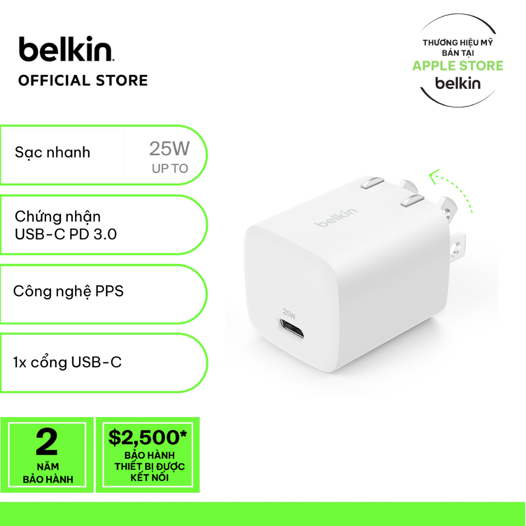 Củ sạc nhanh Belkin BOOST↑CHARGE™ 25W, chuẩn USB-C PD PPS, sạc nhanh an toàn cho thiết bị