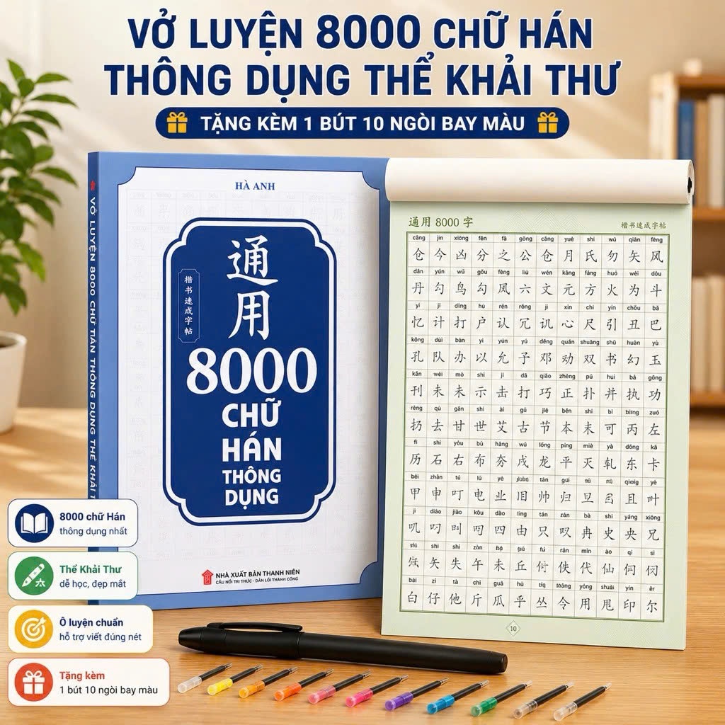 Vở luyện viết 8000 chữ hán thể khải thư,hành thư(tặng bút + 5 ngòi phai màu)