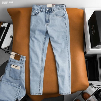 Quần jean nam HEBOZ dáng slim trơn D35, quần dài denim cotton co giãn bền màu tôn dáng - 00003275
