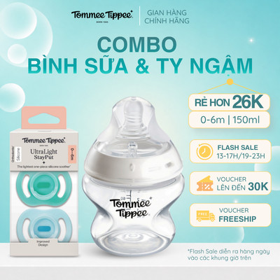 COMBO Ty Ngậm Silicon Cho Bé Từ 0-6 Tháng & Bình Sữa PP Ty Siêu Mềm Tự Nhiên Tommee Tippee Natural Start 150ml