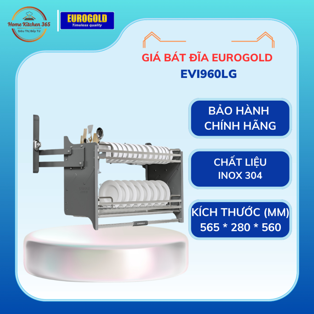 Giá Bát Đĩa Nâng Hạ Eurogold EVI160G/EVI960G – Inox 304 Cao Cấp Lắp Tủ Bếp Thông Minh
