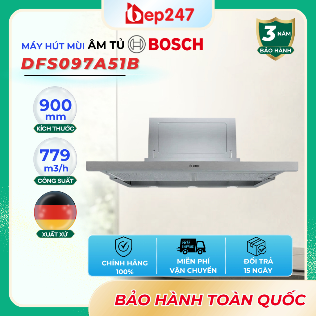 Máy Hút Mùi Bosch DFS097A51B Âm Tủ 90cm Serie 4 EcoSilence Hút Mạnh 729m³/h Chính Hãng