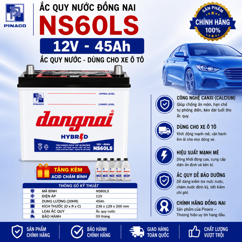 Bình ắc quy 12v hybrid đồng nai NS60LS|12V-45ah, tặng kèm acid châm bình