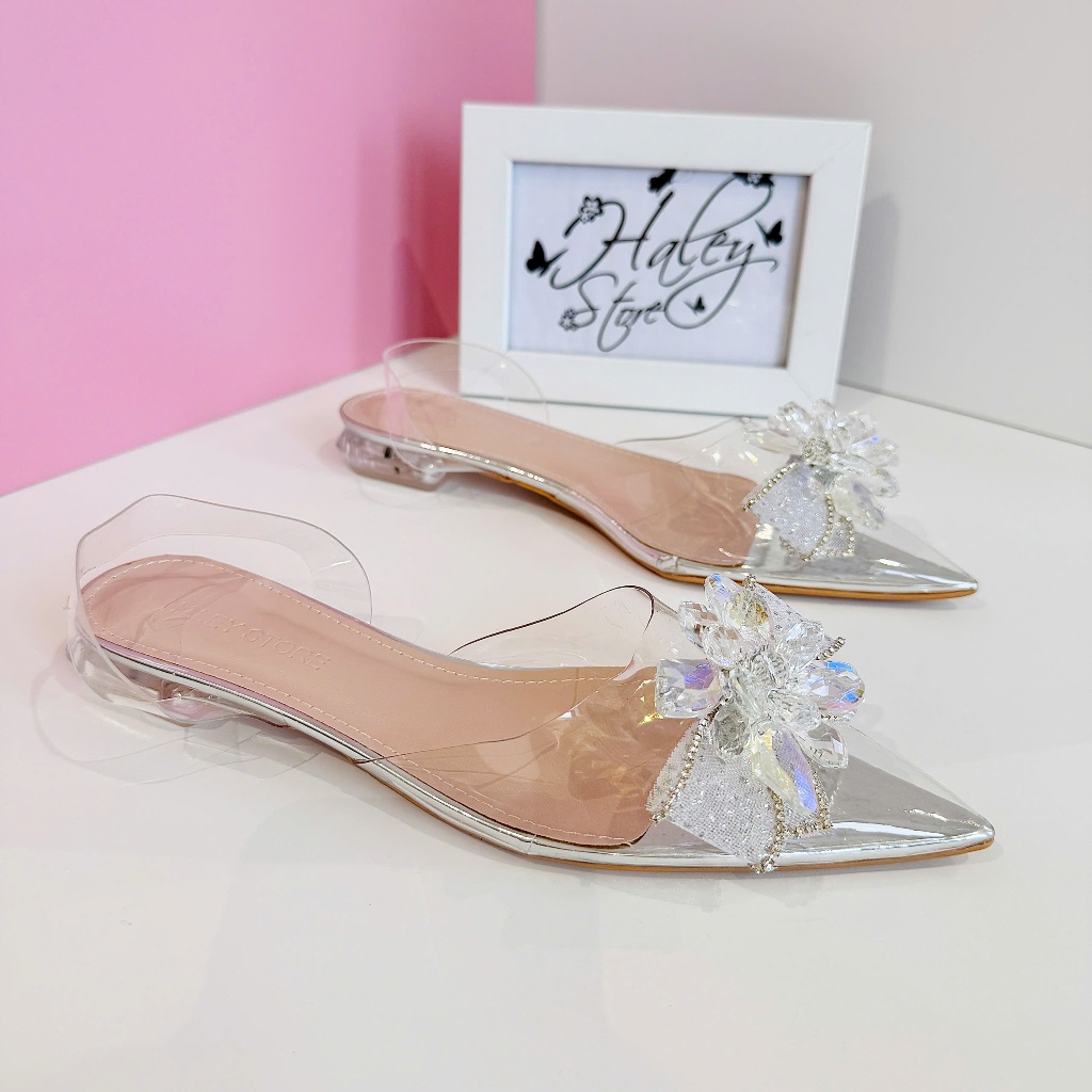 Giày bít bệt phale đá HALEY STORE gót phẳng đính hoa đá phale bít mũi quai kéo tiểu thư cô dâu tiệc 