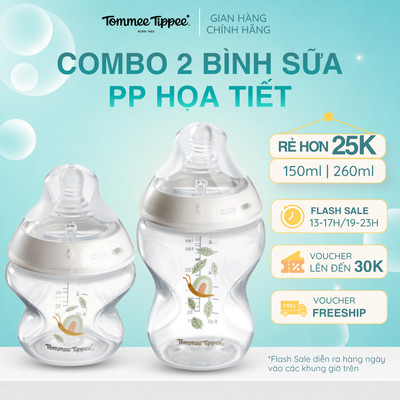 COMBO 2 Bình Sữa PP Ty Siêu Mềm Tự Nhiên Tommee Tippee Natural Start 150ml & 260ml - Họa Tiết