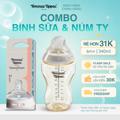 COMBO Bình Sữa PPSU Ty Siêu Mềm Tự Nhiên Tommee Tippee Natural Start 340ml & Núm Ty Thay Thế 6m+ (Vỉ Đôi)
