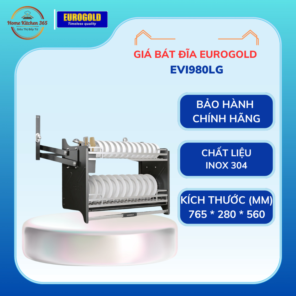 Giá Bát Đĩa Nâng Hạ Inox 304 Eurogold EVI180G/EVI980G – Kệ Bếp Thông Minh Lắp Tủ Trên