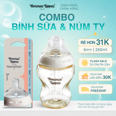 COMBO Bình Sữa PPSU Ty Siêu Mềm Tự Nhiên Tommee Tippee Natural Start 260ml & Núm Ty Thay Thế 6m+ (Vỉ Đôi)