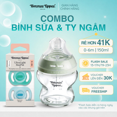 COMBO Ty Ngậm Silicon Cho Bé Từ 0-6 Tháng & Bình Sữa Thủy Tinh Ty Siêu Mềm Tự Nhiên Tommee Tippee Natural Start 150ml