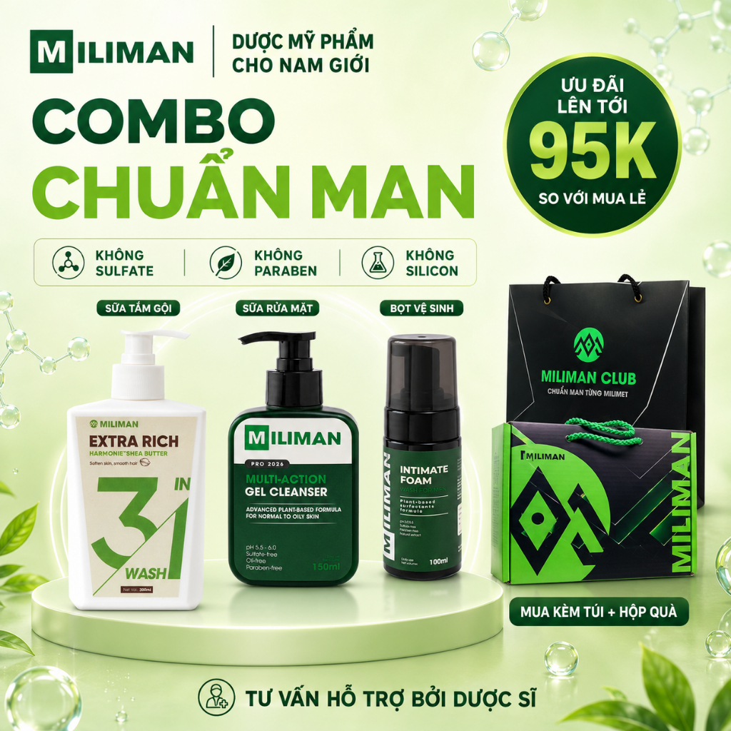 Combo Chuẩn Man MILIMAN | Chăm Sóc Toàn Diện Với Sữa Tắm Gội, Sữa Rửa Mặt Nam, Bọt Vệ Sinh