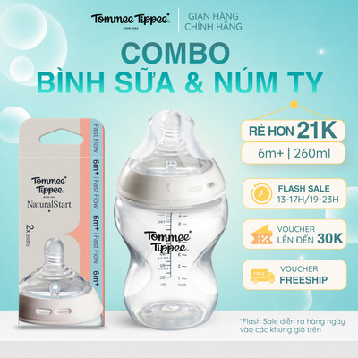 COMBO Bình Sữa PP Ty Siêu Mềm Tự Nhiên Tommee Tippee Natural Start 260ml & Núm Ty Thay Thế 6m+  (Vỉ Đôi)