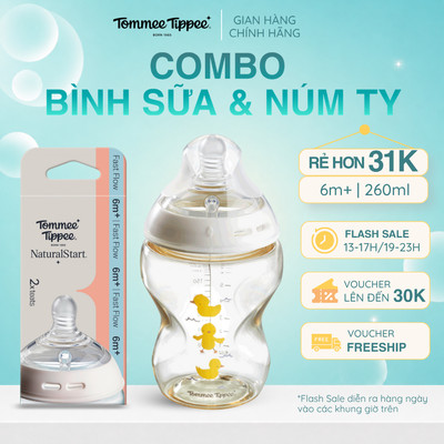 COMBO Bình Sữa PPSU Ty Siêu Mềm Tự Nhiên Tommee Tippee Natural Start 260ml, Họa Tiết Vàng & Núm Ty Thay Thế 6m+ (Vỉ Đôi)