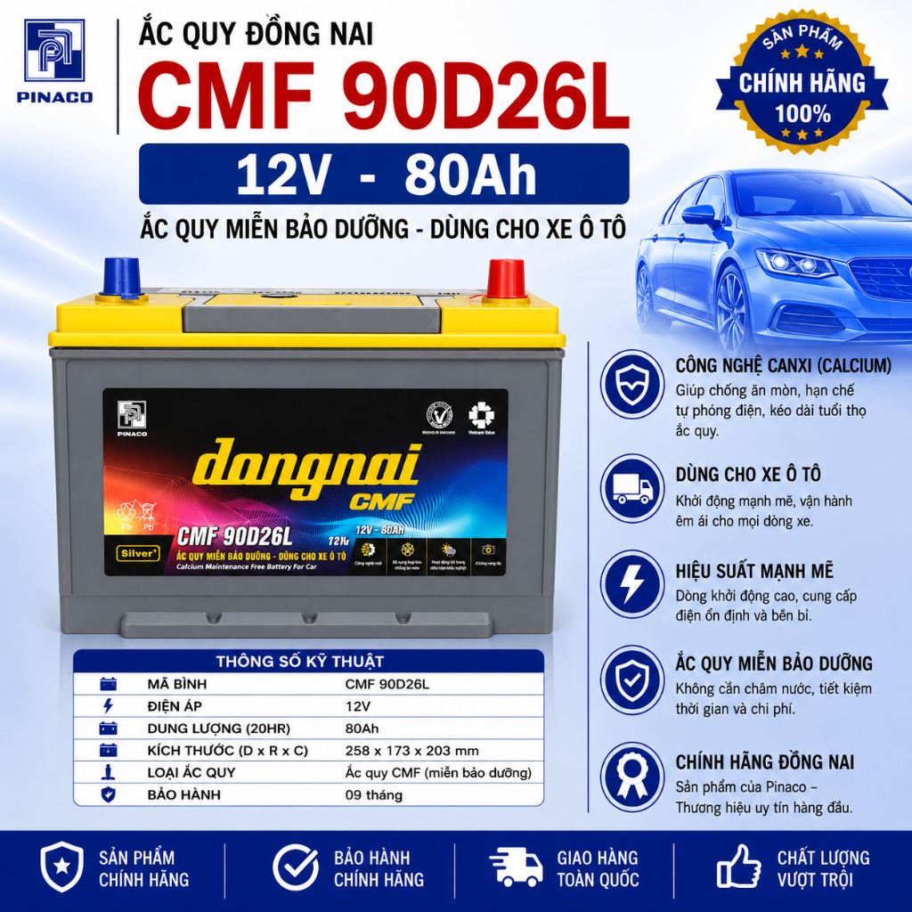 Bình ắc quy miễn bảo dưỡng đồng nai CMF 90D26L | 12V 80ah, chuyên dùng ô tô, xe tải