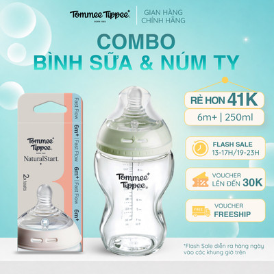 COMBO Bình Sữa Thủy Tinh Ty Siêu Mềm Tự Nhiên Tommee Tippee Natural Start 250ml & Núm Ty Thay Thế 6m+ (Vỉ Đôi)