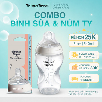 COMBO Bình Sữa PP Ty Siêu Mềm Tự Nhiên Tommee Tippee Natural Start 340ml & Núm Ty Thay Thế 6m+ (Vỉ Đôi)