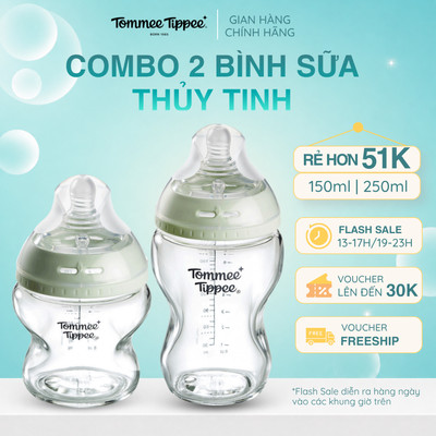COMBO 2 Bình Sữa Thủy Tinh Ty Siêu Mềm Tự Nhiên Tommee Tippee Natural Start 150ml & 250ml